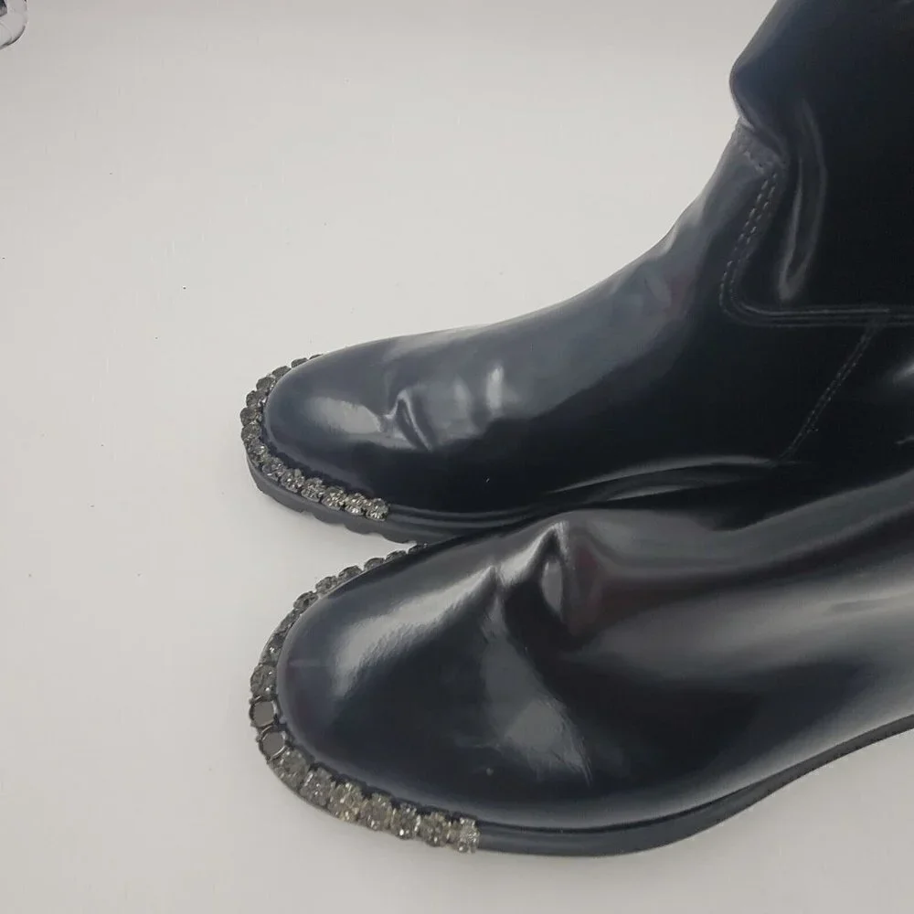 NEW Schutz Cianna Embellished Toe Black Polished Leather Riding Boots Size 6.5B